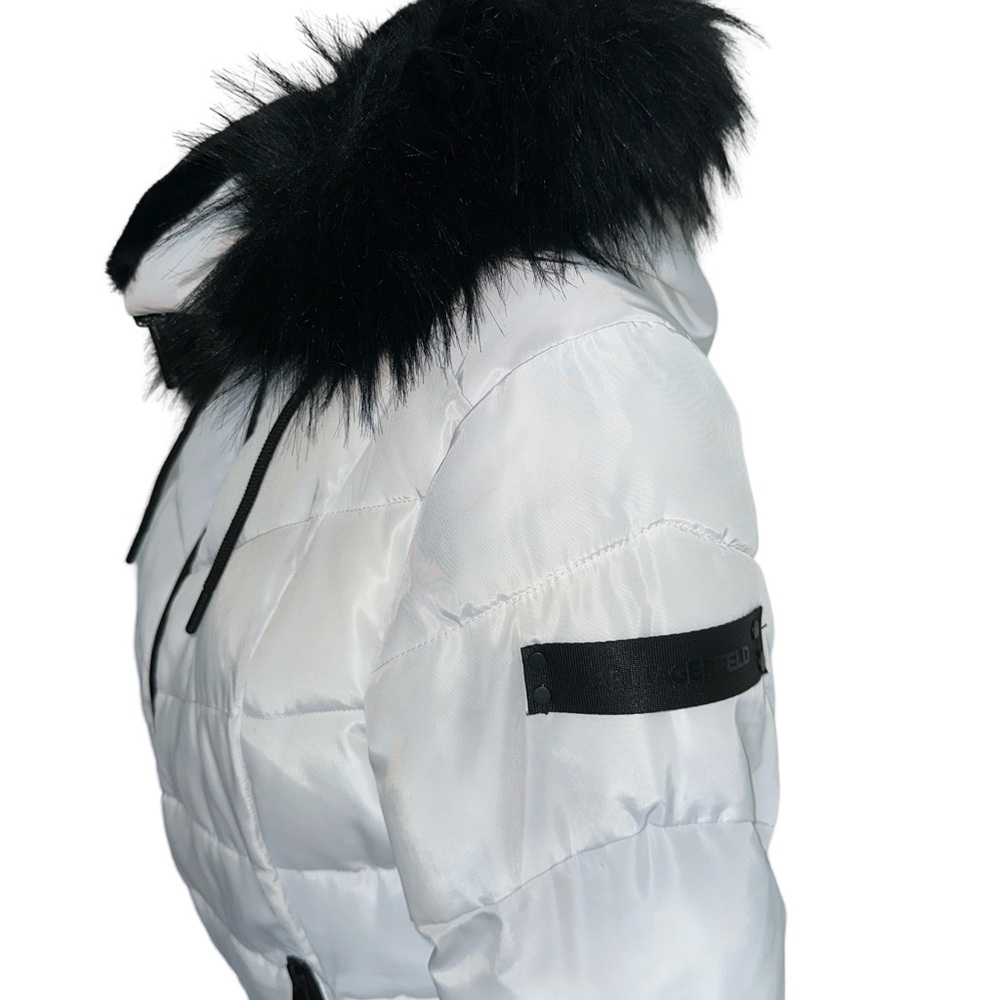 Karl Lagerfeld White Down Puffer Coat Jacket with Hood and Black Faux Fur Trim - Picture 4 of 5